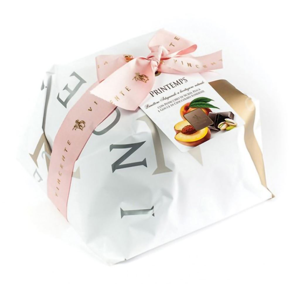 Panettone "Printemps" artisanale de Sicile pistache, pêche et chocolat extra noir